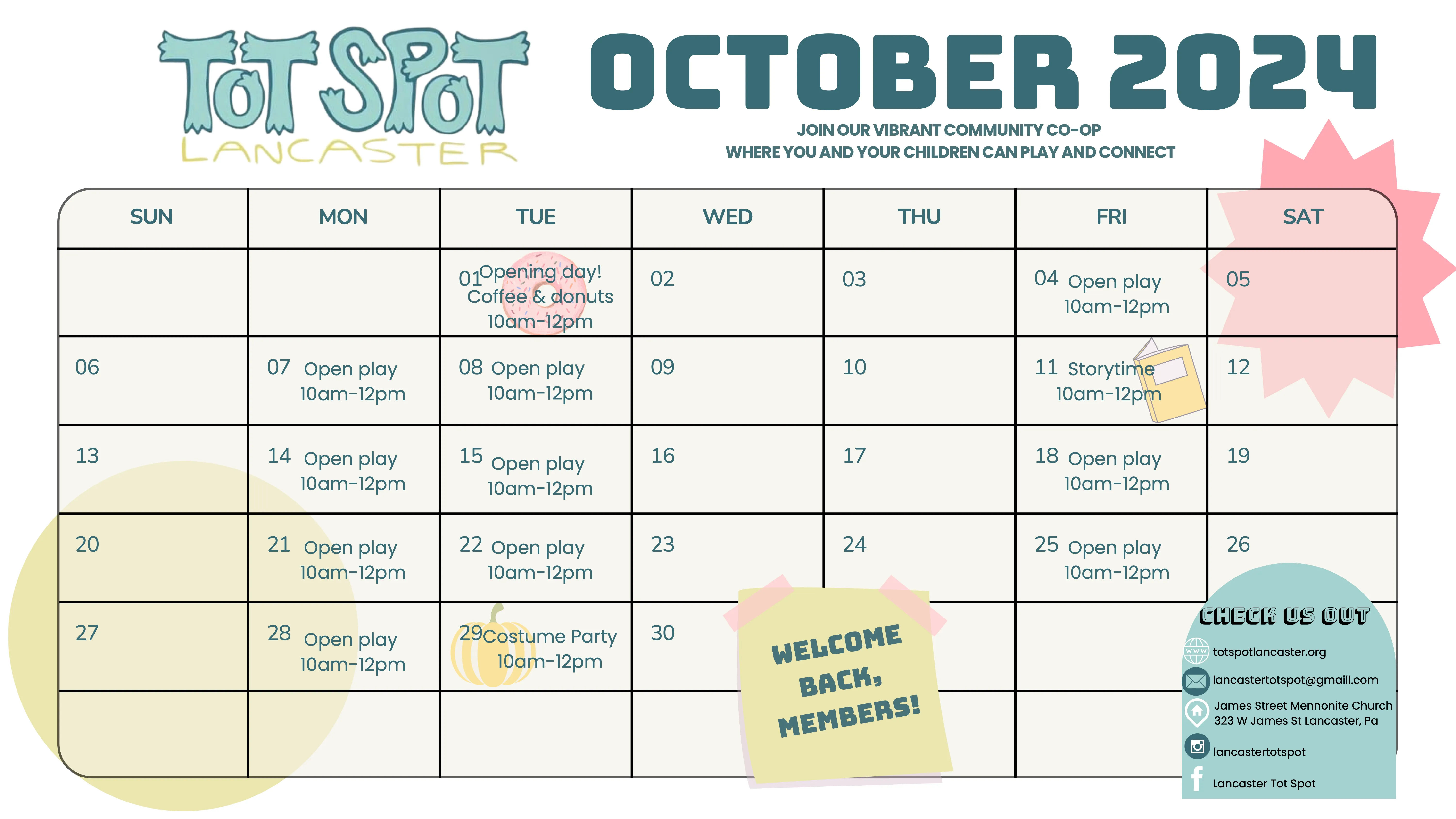 Calendar of Tot Spot events for October, 2024