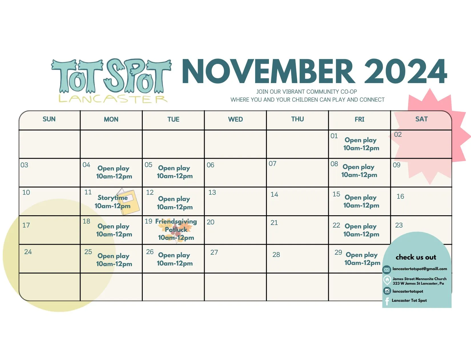 Calendar of Tot Spot events for November, 2024